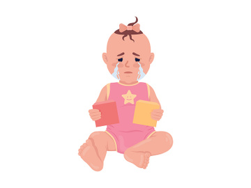 Crying baby girl with construction blocks semi flat color vector character preview picture