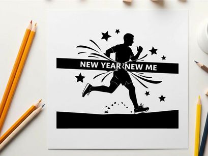 Silhouette of a man running with new year new me text