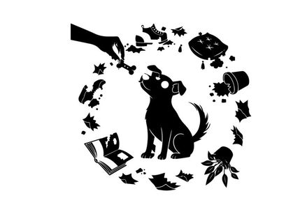 Silhouette of a dog surrounded by various objects circularly arranged
