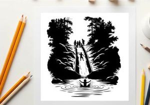 Silhouette of a person in a boat approaching a bridge with people silhouette
