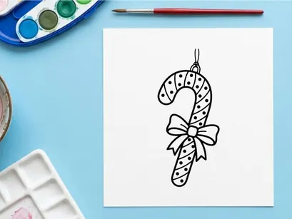 Christmas candy cane ornament line art illustration with a decorative bow for coloring page