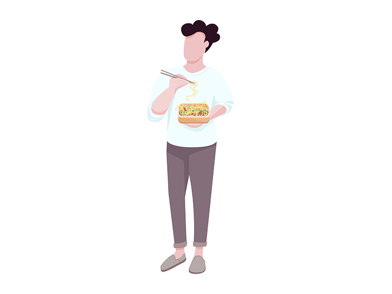 Man eating noodles flat color vector faceless character