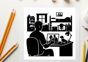 Silhouette of a man working on laptop in a cluttered home office space silhouette