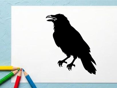 Silhouette of a Crow Perched on a Branch in Black and White