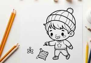Cute child in winter hat and pajamas holding dreidel vector illustration