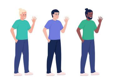 Smiling men waving hands semi flat color vector character set preview picture