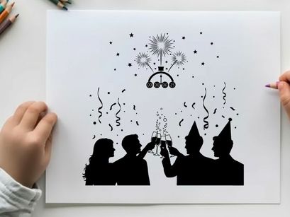 New year's eve celebration silhouette with fireworks and confetti
