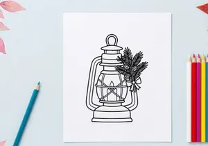 Christmas lantern line art illustration with pine branches and a festive bow decoration