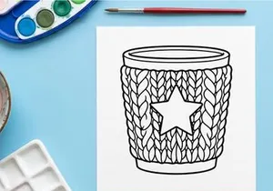 Christmas mug coloring page with knitted texture and star icon for holiday art projects.