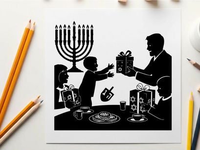 Silhouette of a family celebrating hanukkah with gift giving and traditional foods