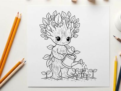Cute tree child watering plants flat design vector illustration