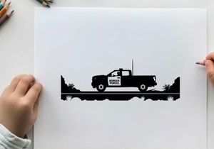 Silhouette of a pickup truck driving on a road with trees