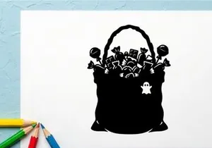 Silhouette of Halloween Basket with Flowers and Ghost