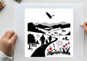 Patriotic family stroll with eagle silhouette in mountainous landscape