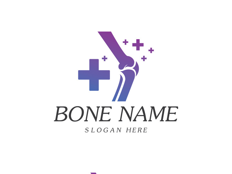 Bone Plus logo. Healthy bone Icon. Knee bones and joints care protection logo template. Medical flat logo design. Vector of human body health. Emblem