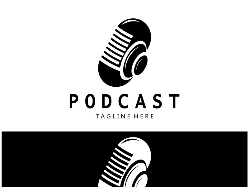 podcast logo with microphone and earphone audio, radio waves. for studio, talk show, chat, information sharing, interview, multimedia and web.