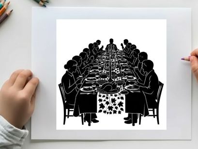 Silhouette of people sitting around a long table eating