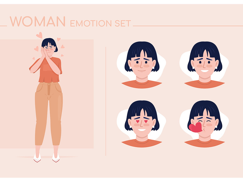 Young woman in love semi flat color character emotions set