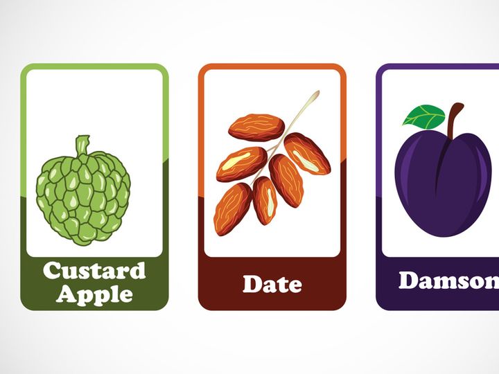 Fruit flashcards for kids. Educational cards for preschool. Printable vector illustration