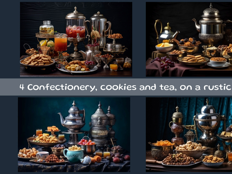 Confectionery, cookies and tea, on a rustic table