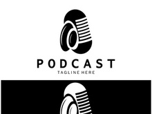 podcast logo with microphone and earphone audio, radio waves. for studio, talk show, chat, information sharing, interview, multimedia and web.