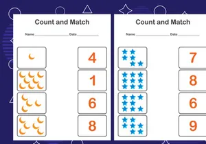 10 Pages Count and match with the correct number. Matching education game. Count how many items and choose the correct number