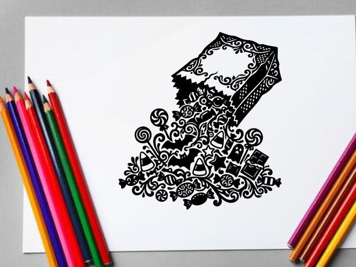 Intricate black and white henna-inspired skull design artwork