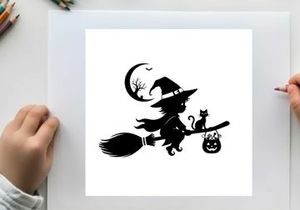 Silhouette of a witch flying on a broomstick with cat and jack o lantern