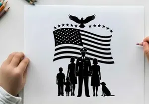 American family silhouette with flag and eagle