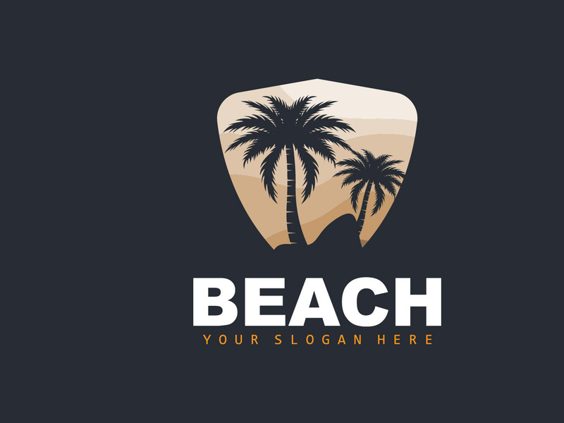 Coconut Tree Logo With Beach Atmosphere, Beach Plant Vector, Sunset View Design