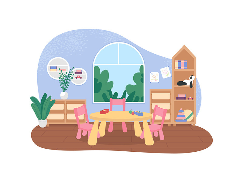 Kindergarten tables for mealtime 2D vector web banner, poster