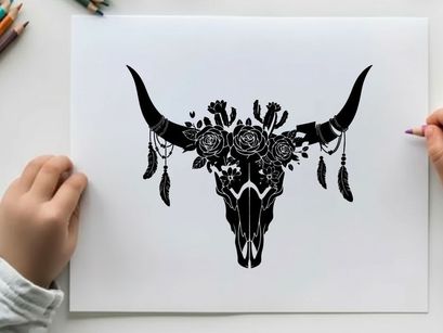 Bull skull silhouette with floral and feather adornments