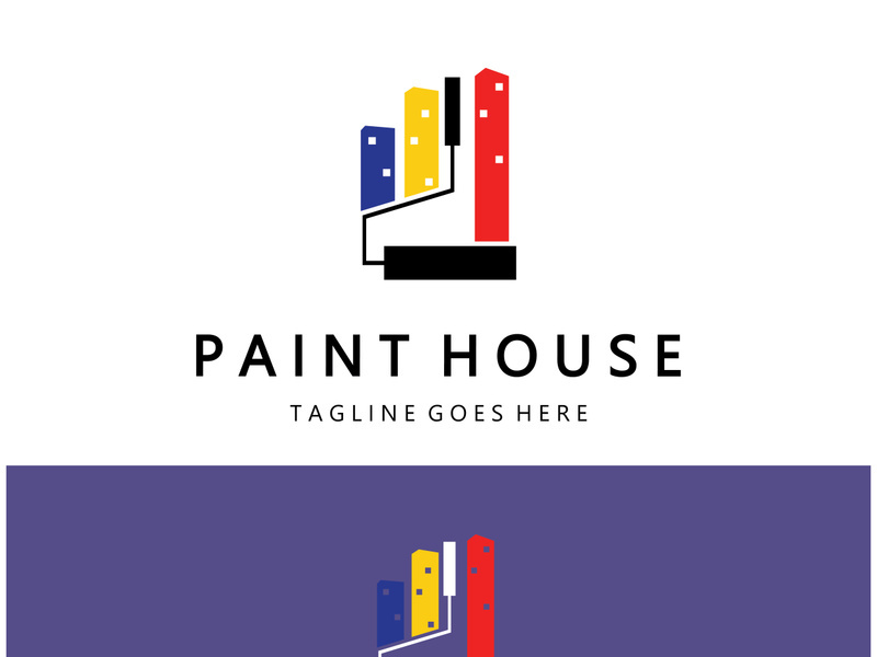 logo icon illustration house paint with a blend of brushes and rollers for house wall paint design, minimalist house, painting, interior, building, property business, wallpaper, vector concept