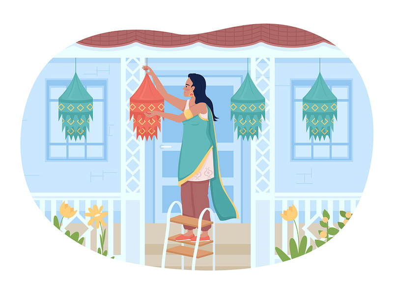 Decorating front porch for Diwali festival 2D vector isolated illustration