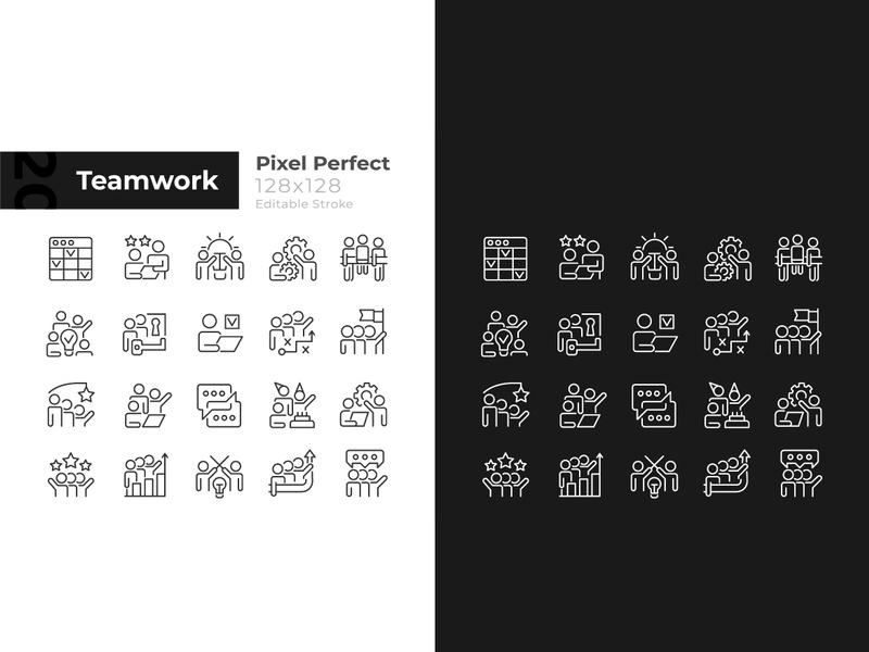 Teamwork pixel perfect linear icons set