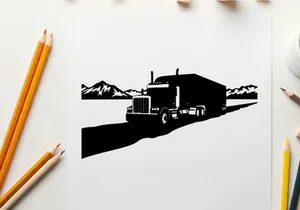 Silhouette of a semi truck driving on a road with mountains
