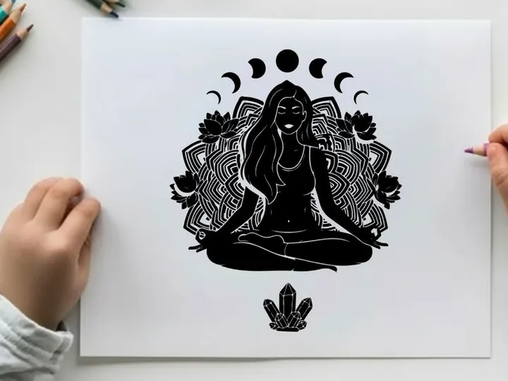 Silhouette of a woman meditating in lotus position with moon phases
