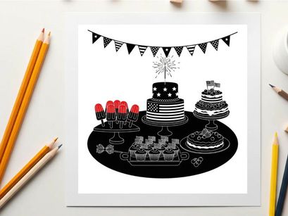 Silhouette of a festive dessert table with cakes and cupcakes silhouette