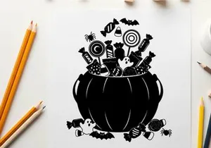 Halloween candy in a cauldron silhouette with treats