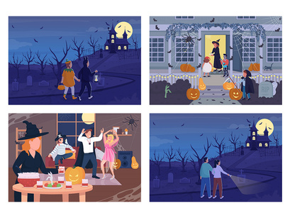 Halloween night celebration color vector illustration set