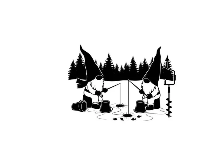 Gnomes ice fishing in silhouette on frozen lake with trees