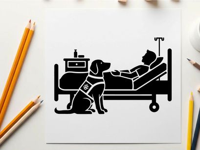 Silhouette of a service dog visiting a patient in hospital bed