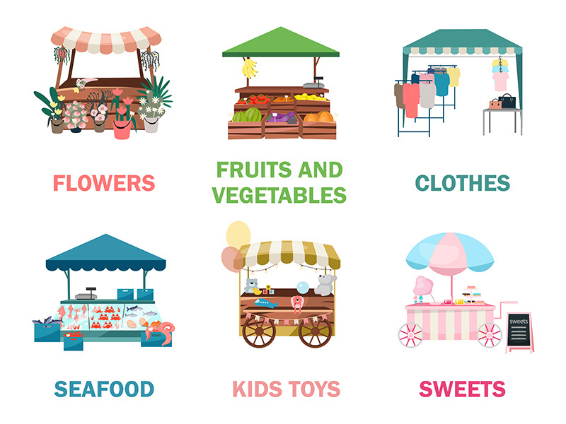 Street market stalls flat vector illustrations set