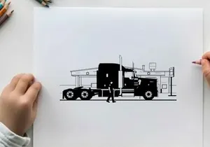 Silhouette of a man standing beside a large truck silhouette