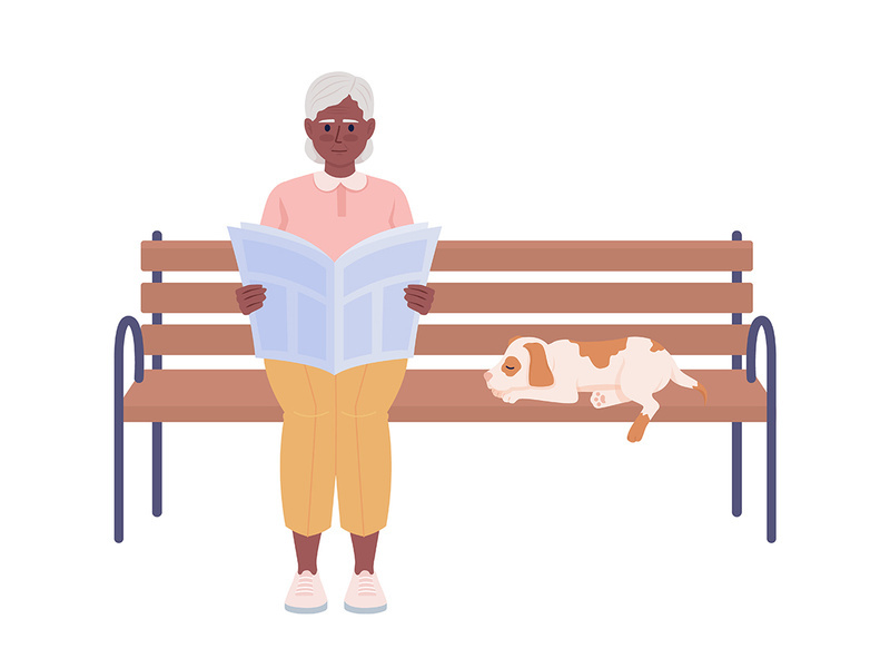 Lady and her dog sitting on bench semi flat color vector characters