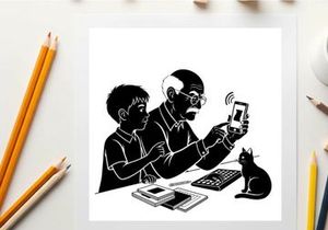 Silhouette of a man and child with cat looking at smartphone