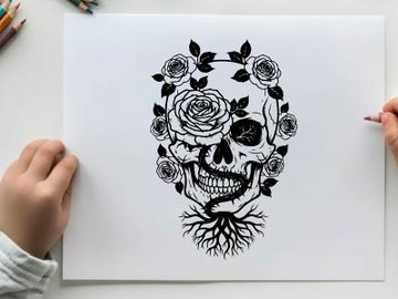 Silhouette of a skull with roses and roots preview picture
