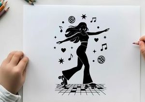 Retro silhouette of woman roller skating with music symbols