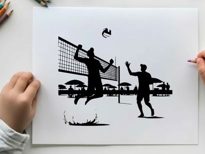 Silhouette of two men playing beach volleyball
