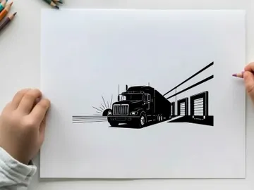 Silhouette of a semi truck parked beside a warehouse at sunrise preview picture